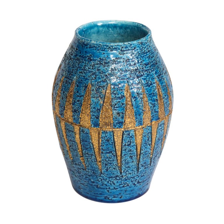 Bitossi Vase, Ceramic, Blue and Gold, Geometric, Signed For Sale at 1stDibs
