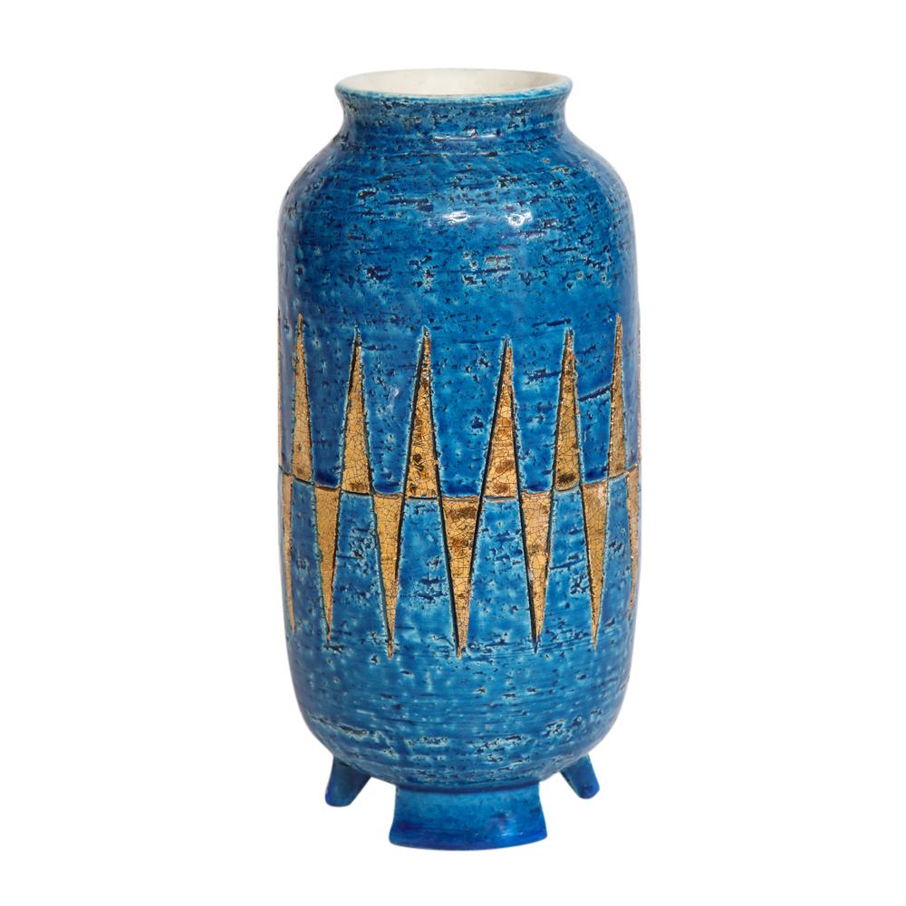 Italian Bitossi Vase, Ceramic, Blue and Gold Geometric, Signed