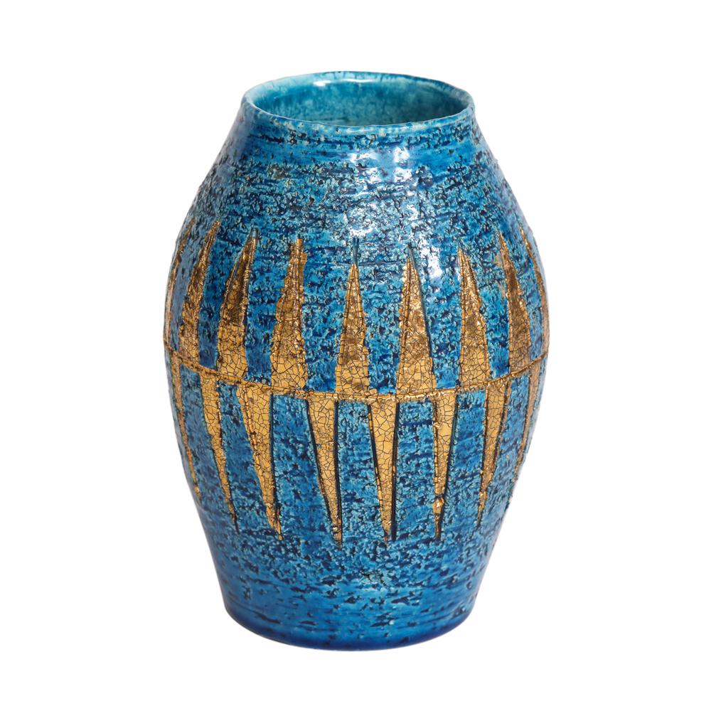 Bitossi Vase, Ceramic, Blue and Gold, Geometric, Signed In Good Condition In New York, NY