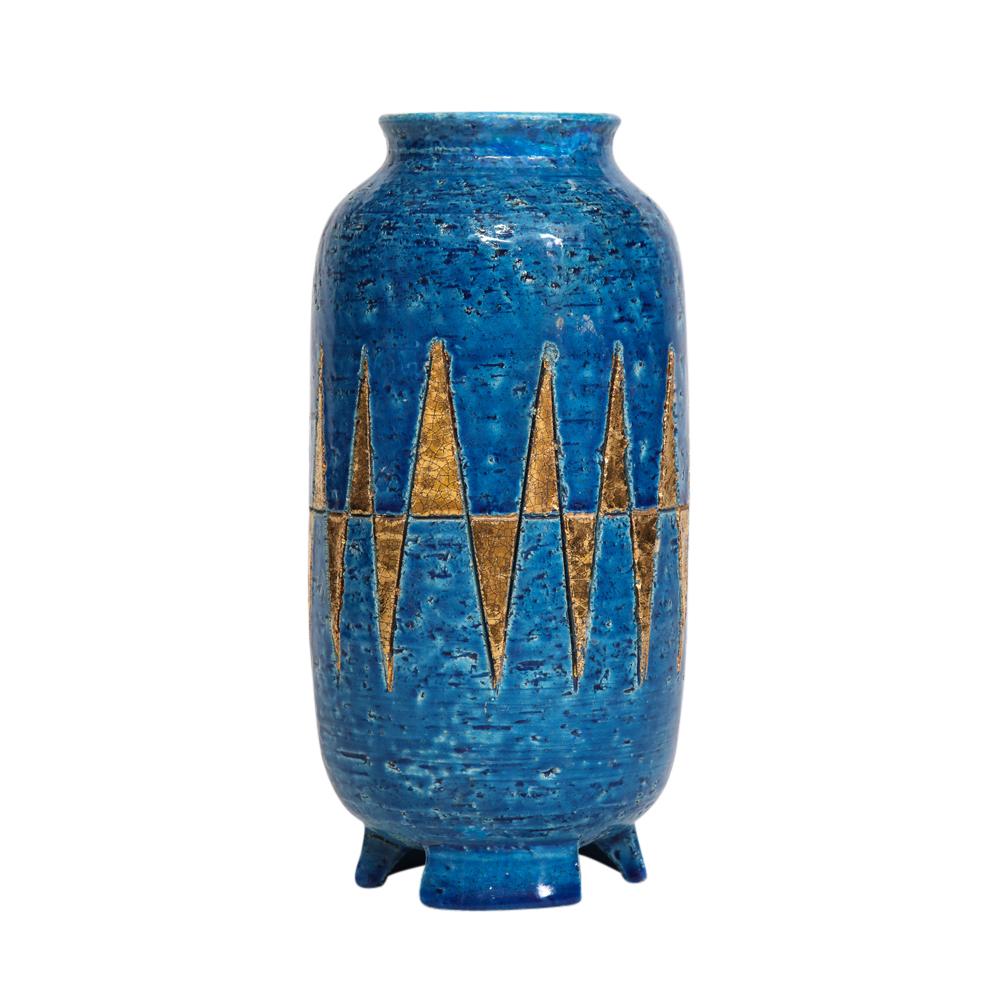Glazed Bitossi Vase, Ceramic, Blue and Gold Geometric, Signed