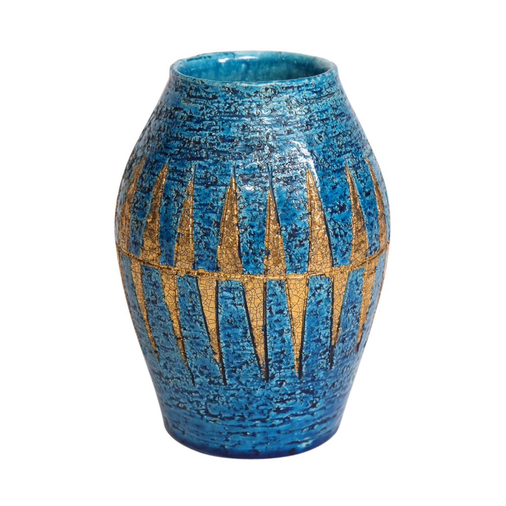 Mid-20th Century Bitossi Vase, Ceramic, Blue and Gold, Geometric, Signed