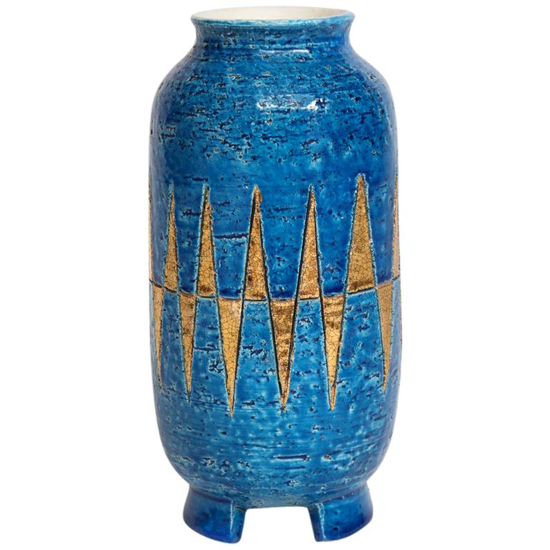 Bitossi Vase, Ceramic, Blue and Gold Geometric, Signed