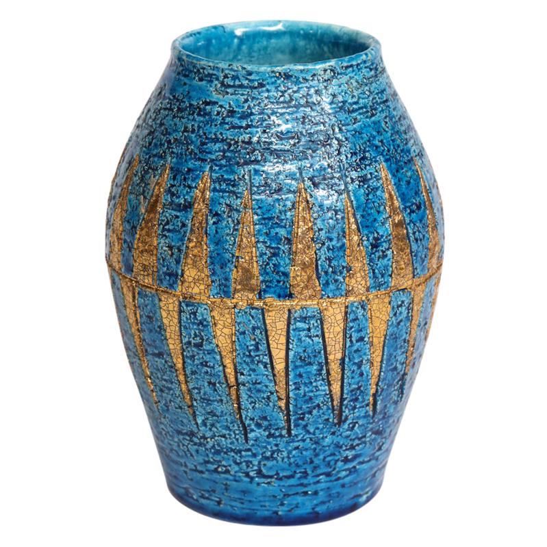 Mid-Century Modern Bitossi Vase, Ceramic, Blue and Gold, Geometric, Signed
