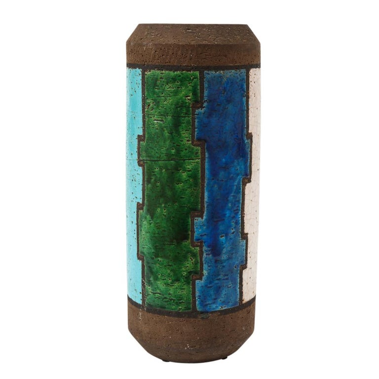 Bitossi Vase, Ceramic, Blue, White, Green and Brown, Geometric, Signed 2