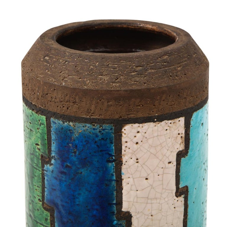 Bitossi Vase, Ceramic, Blue, White, Green and Brown, Geometric, Signed 6