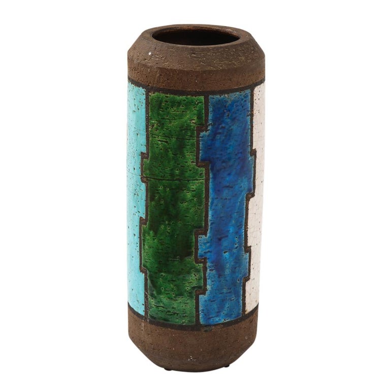 Bitossi Vase, Ceramic, Blue, White, Green and Brown, Geometric, Signed 8