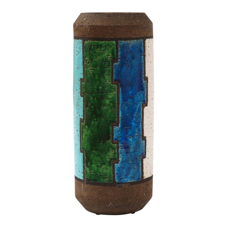 Bitossi Vase, Ceramic, Blue, White, Green and Brown, Geometric, Signed 9