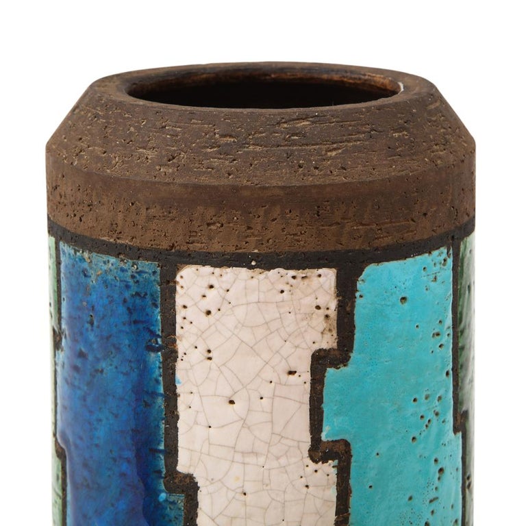 Bitossi Vase, Ceramic, Blue, White, Green and Brown, Geometric, Signed 3