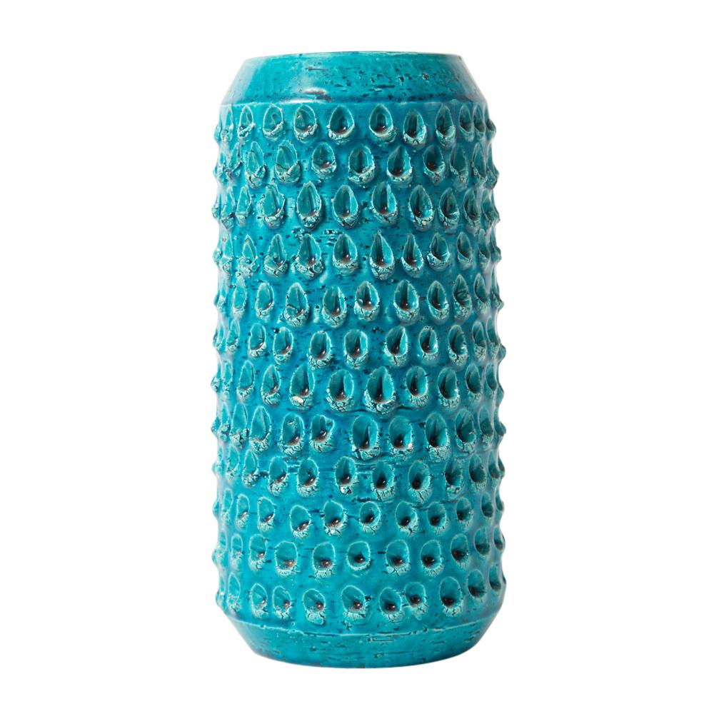 Bitossi vase, ceramic, blue turquoise, impressed, textured, signed. Medium scale chunky vase from Aldo Londi's 'Lacrima' series. Its body is decorated with a relief pattern of impressed teardrops. Minute loss to some of the relief. The interior of