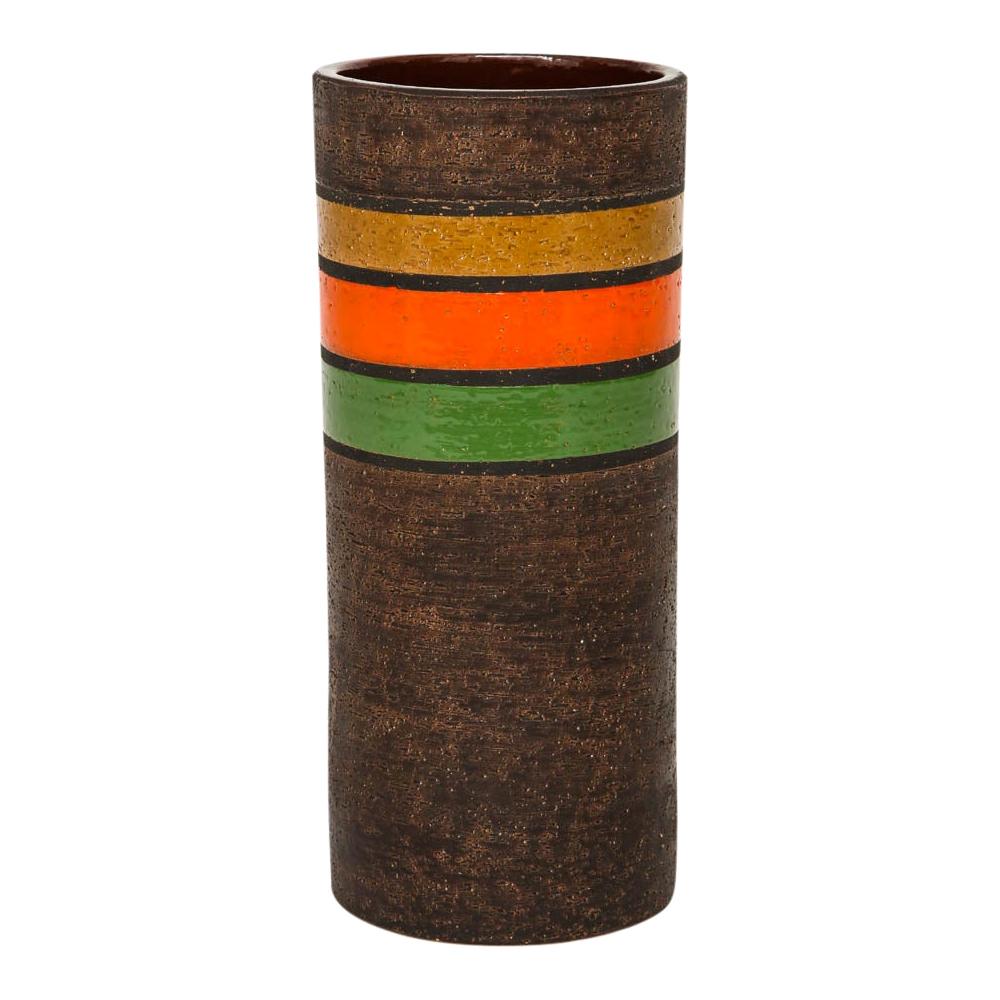 Bitossi Vase, Ceramic, Stripes, Matte Brown, Yellow, Orange, Green 