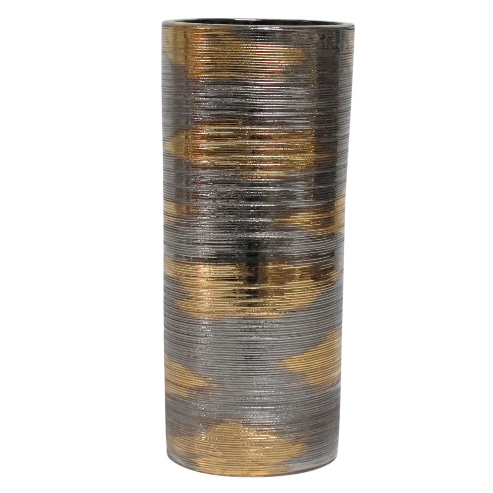Bitossi vase, ceramic, brushed, metallic gold and chrome silver. Medium to large scale cylinder vase glazed in metallic gold and platinum with finely textured ribbed surface. 

