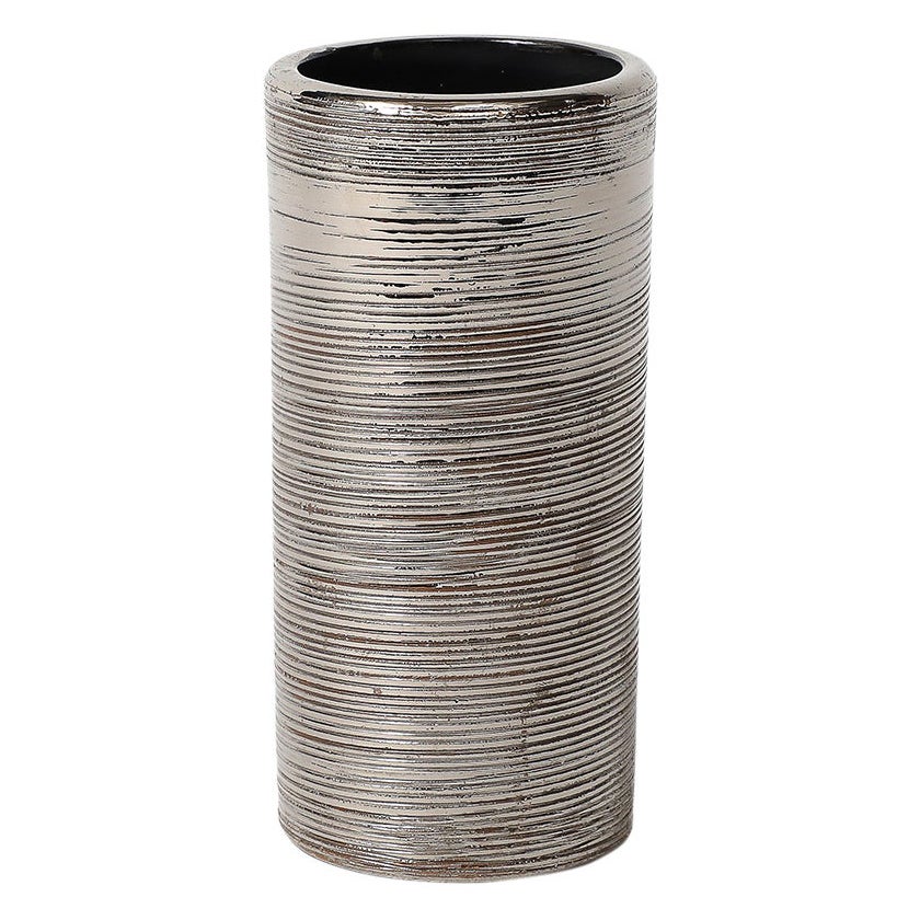 Bitossi Vase, Ceramic, Brushed, Metallic Silver For Sale
