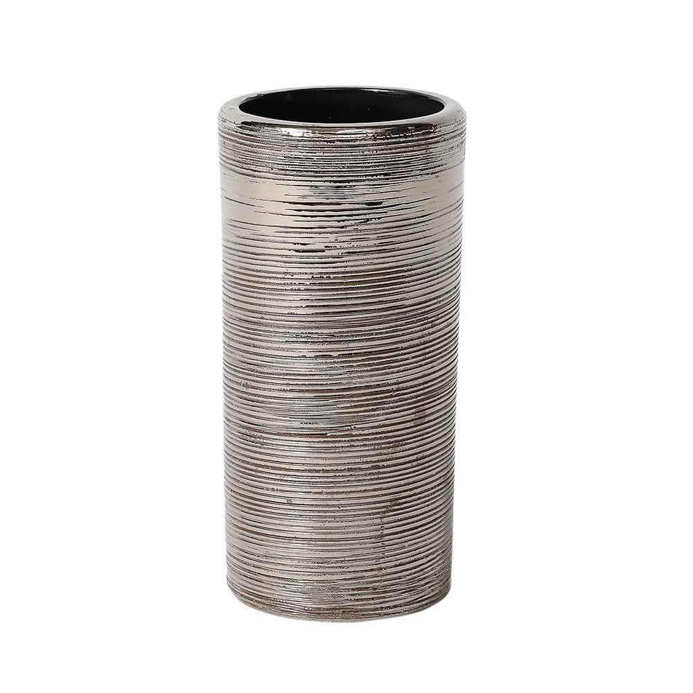 Vaso Bitossi, ceramica, spazzolato, argento metallizzato. Vaso cilindrico sottile e di piccole dimensioni smaltato in platino metallizzato spazzolato. 
