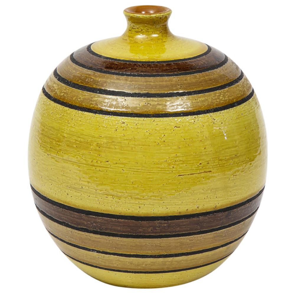 Vase Bitossi en céramique, vert chartreuse, tons terreux, rayures, Signé