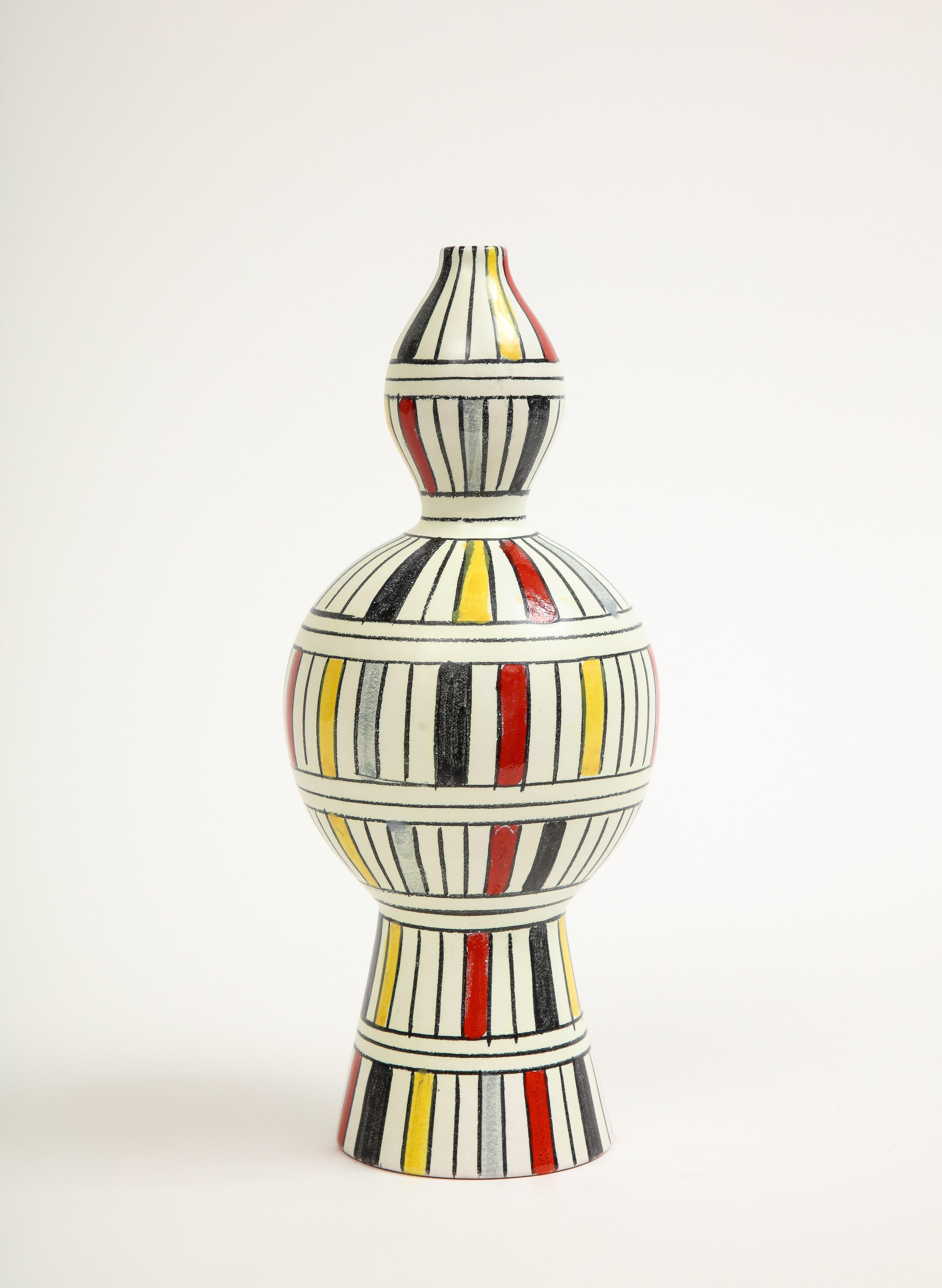 Bitossi-Vase, Keramik, geometrisch, gestreift, weiß, gelb, schwarz, rot, signiert (Glasiert) im Angebot