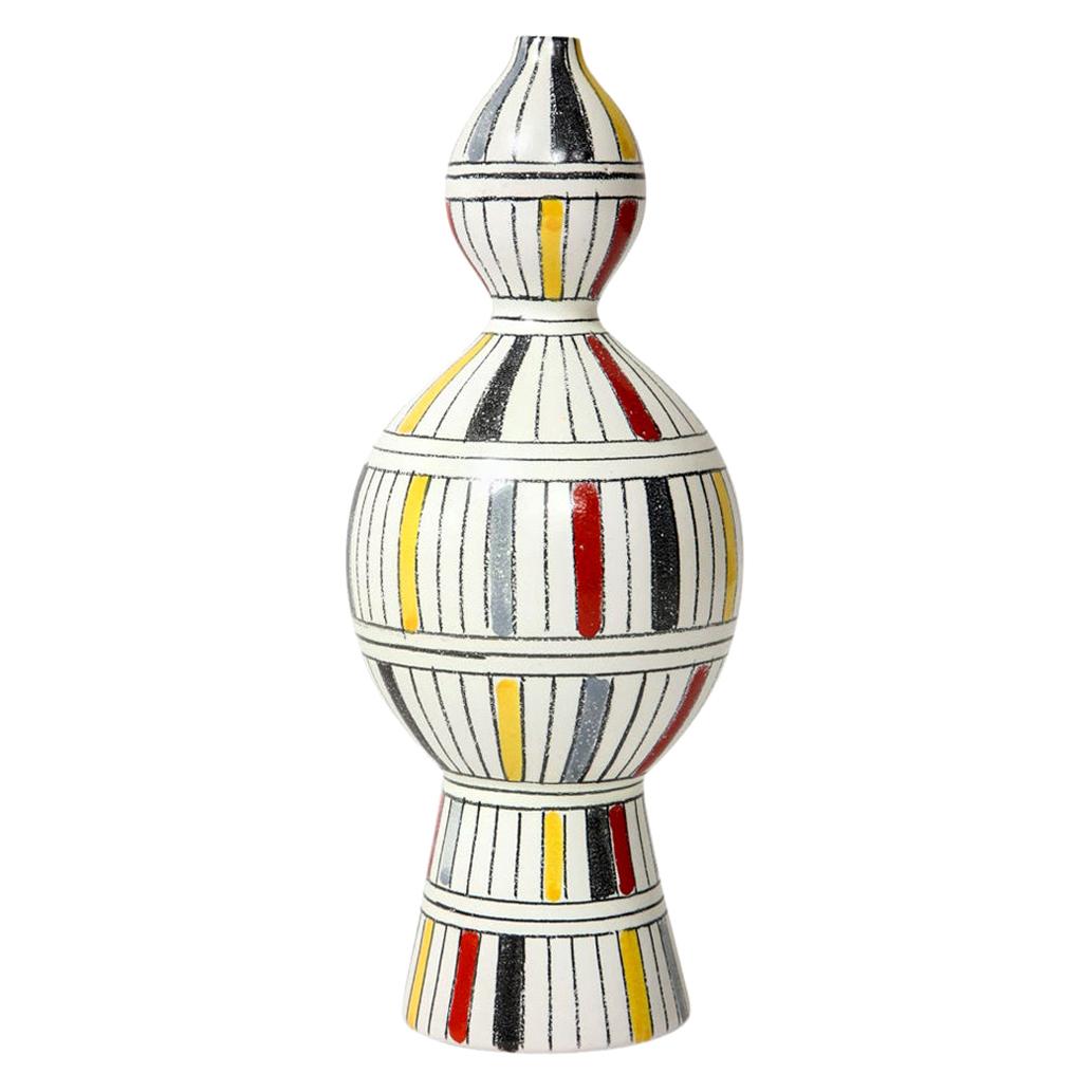 Vase Bitossi en céramique, géométrique, à rayures, blanc, jaune, noir, rouge, signé en vente