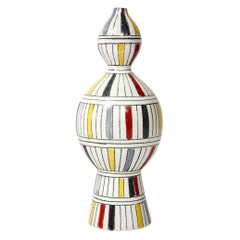 Bitossi Vase, Ceramic, Geometric, Stripes, White, Yellow, Black, Red, Signed