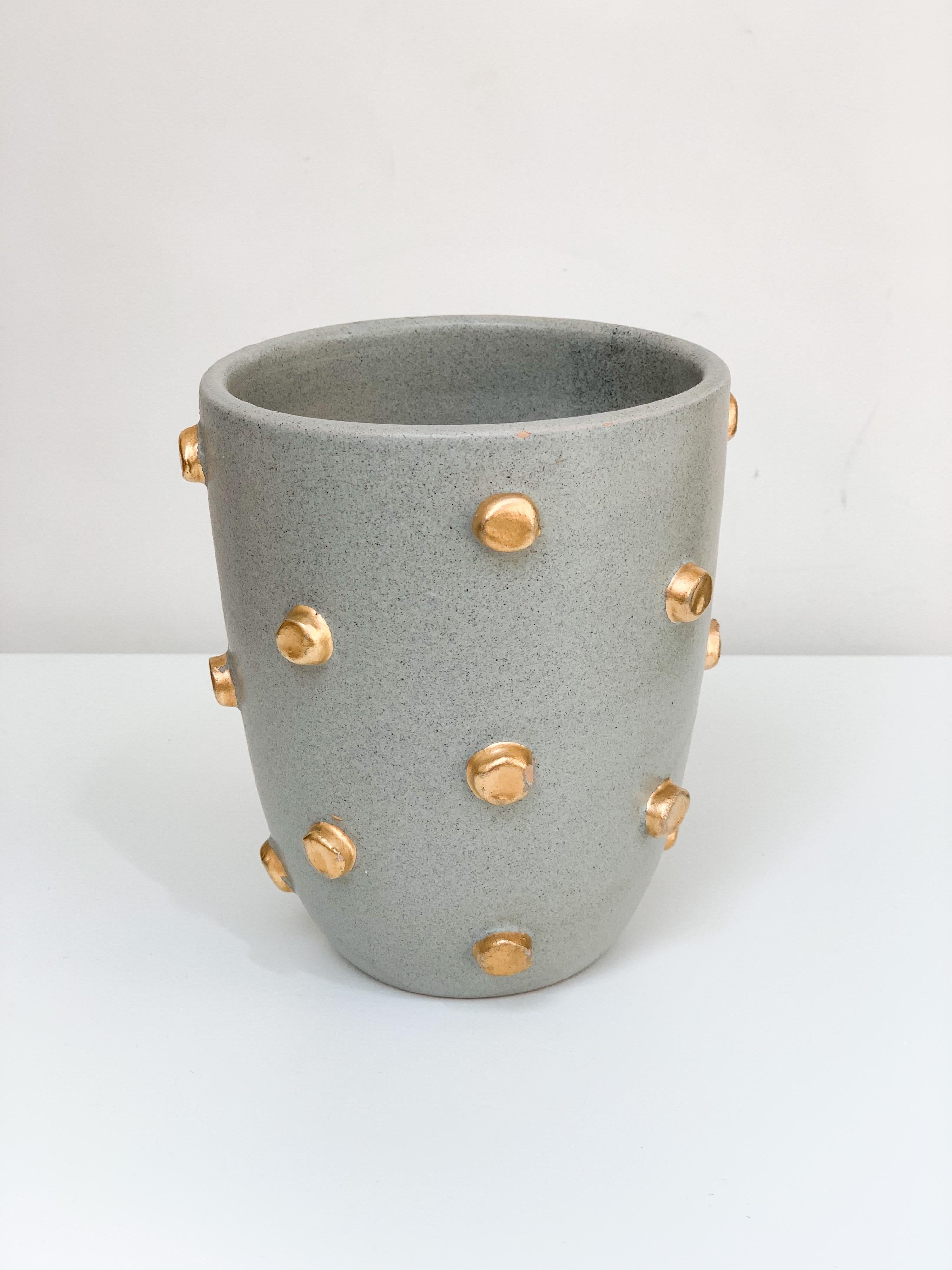 Bitossi Vase, Ceramic, Gray and Gold Hobnails, Signed 2