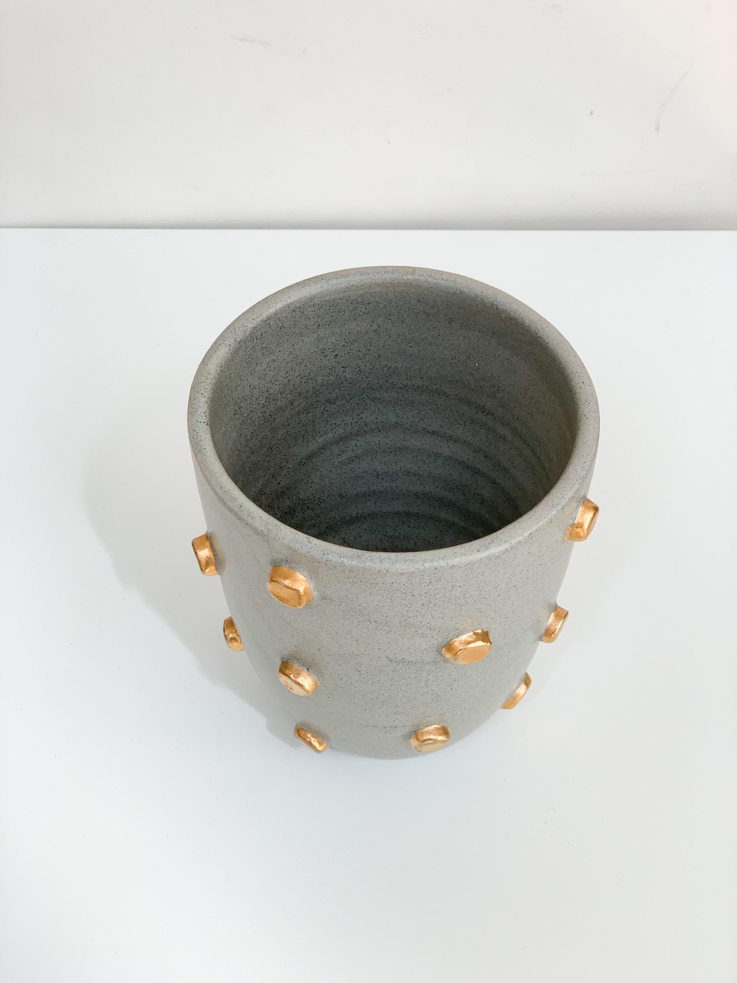 Bitossi Vase, Ceramic, Gray and Gold Hobnails, Signed 3