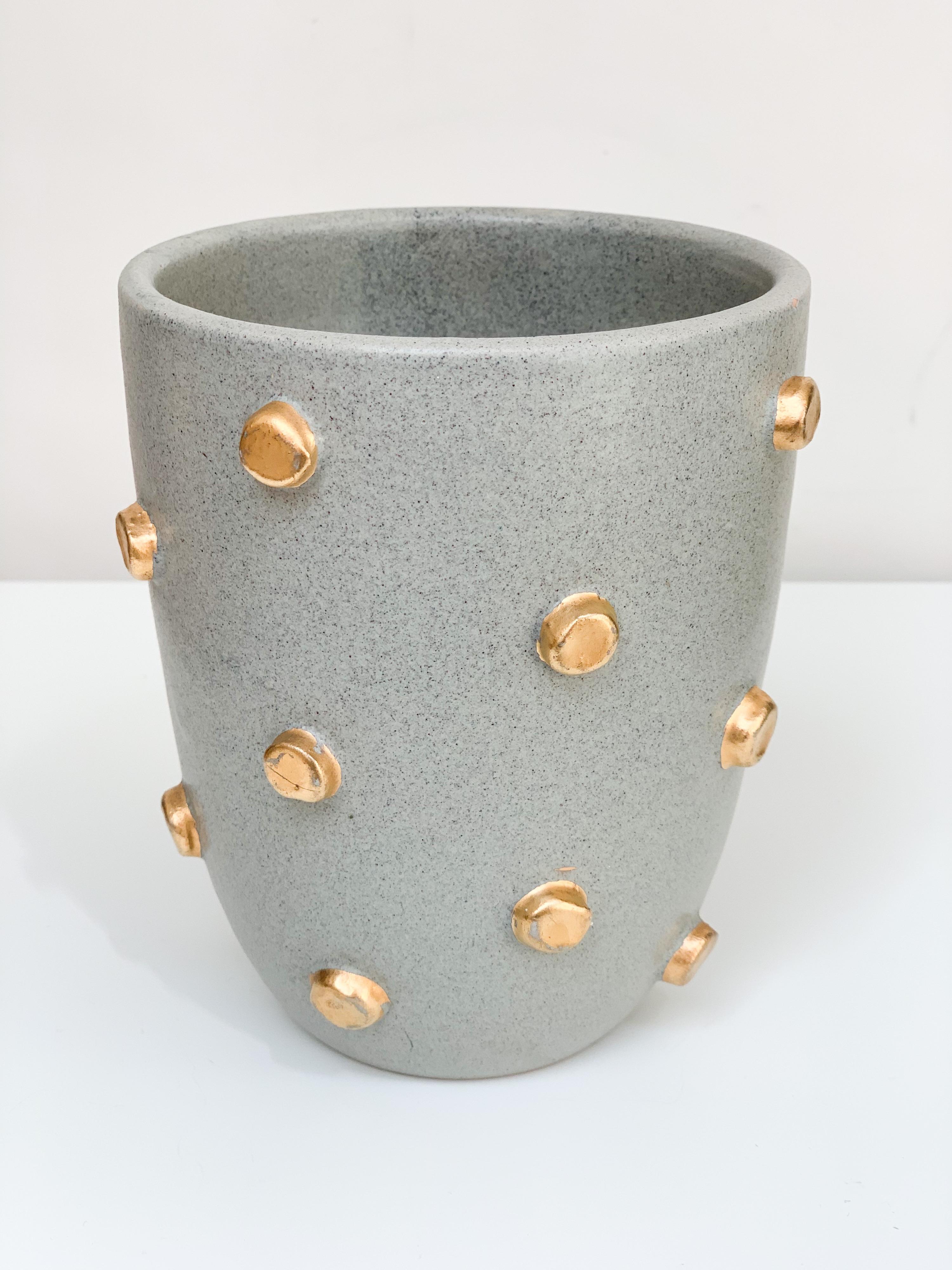 Mid-Century Modern Bitossi Vase, Ceramic, Gray and Gold Hobnails, Signed