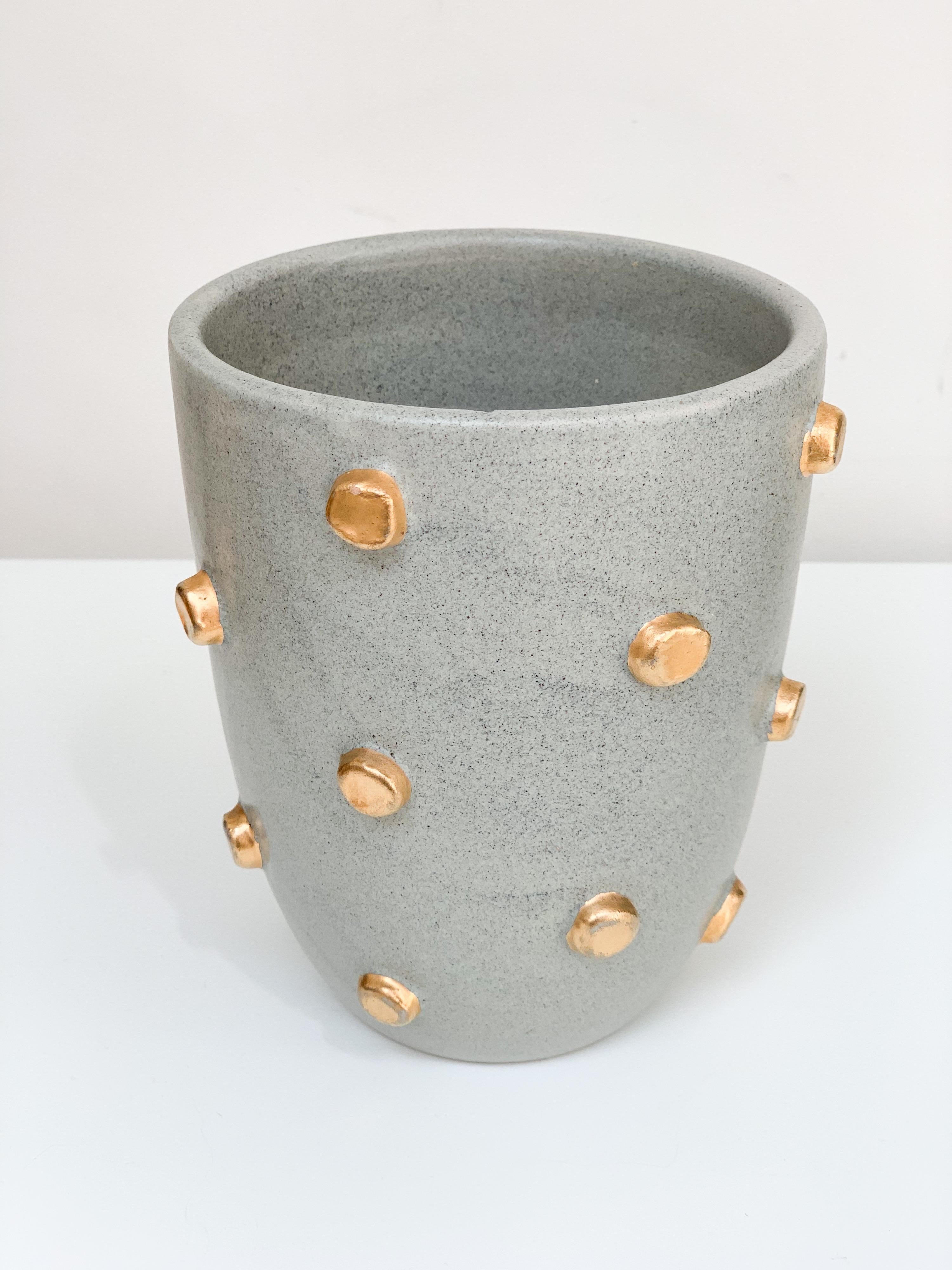 Italian Bitossi Vase, Ceramic, Gray and Gold Hobnails, Signed