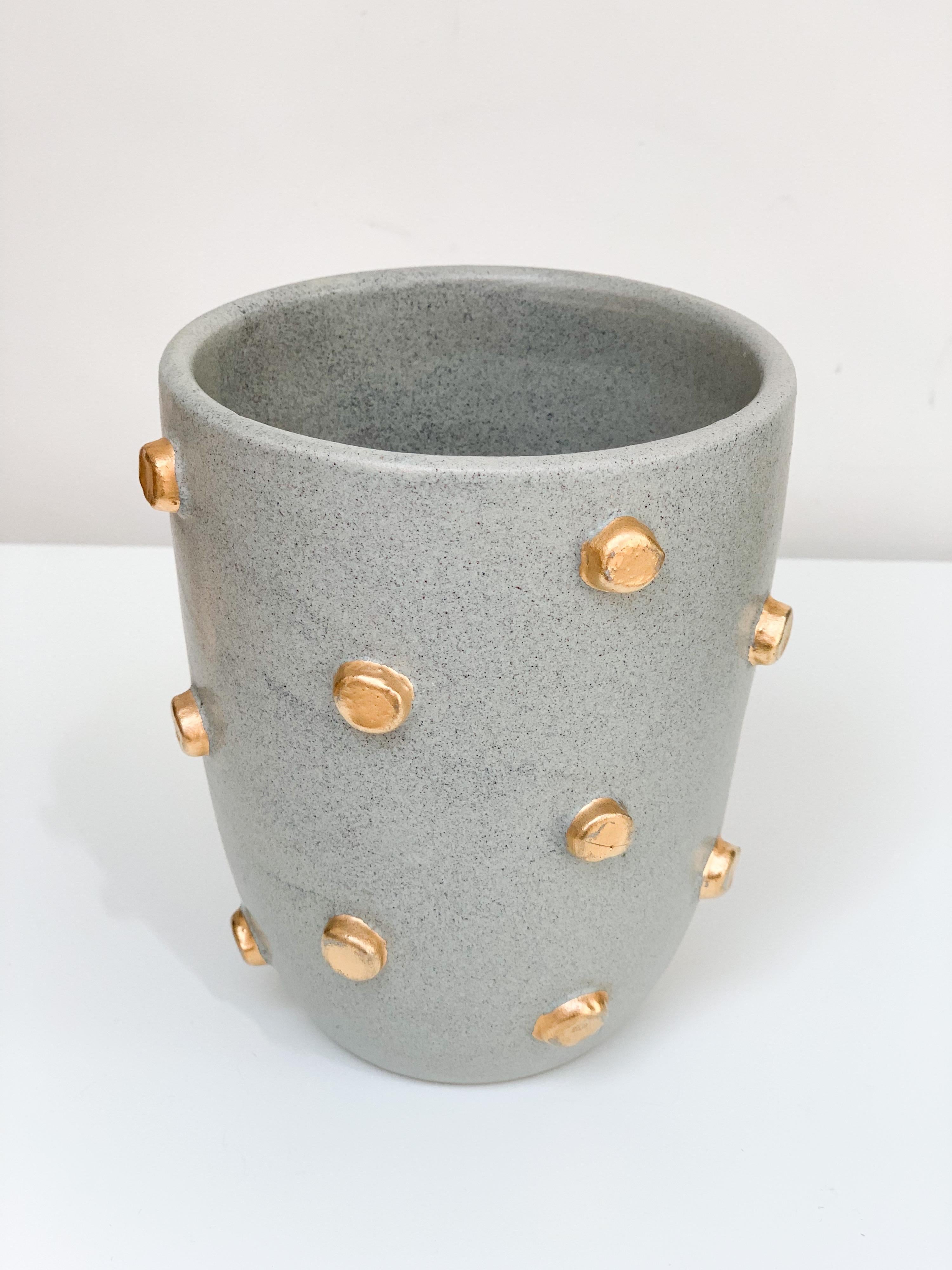 Glazed Bitossi Vase, Ceramic, Gray and Gold Hobnails, Signed