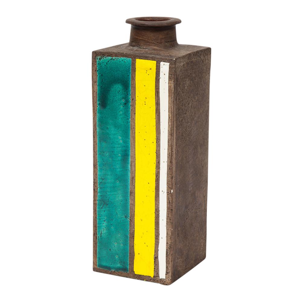 Bitossi vase, ceramic, Geometric, stripes, green, yellow, white. Medium scale square form vase with 
