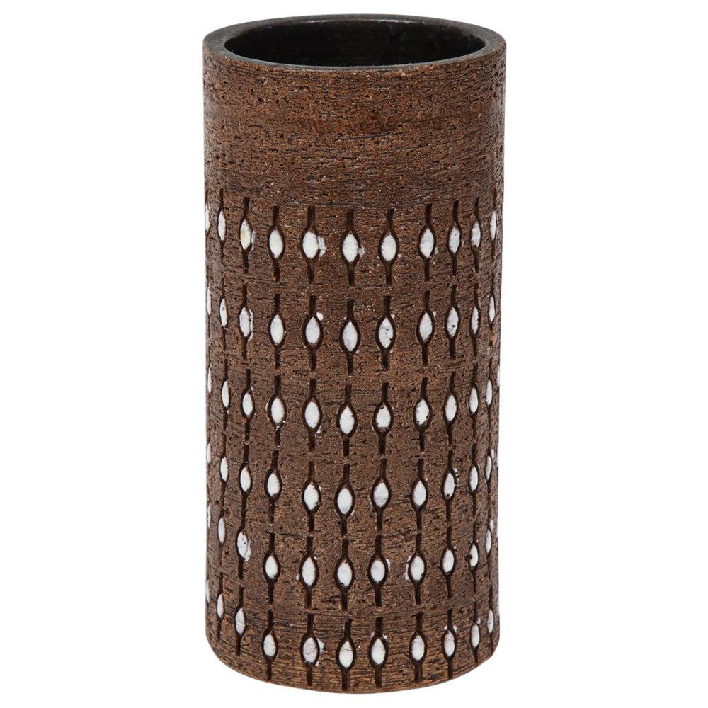 Bitossi Vase, Ceramic, Incised, Brown, White, Beaded, Signed For Sale