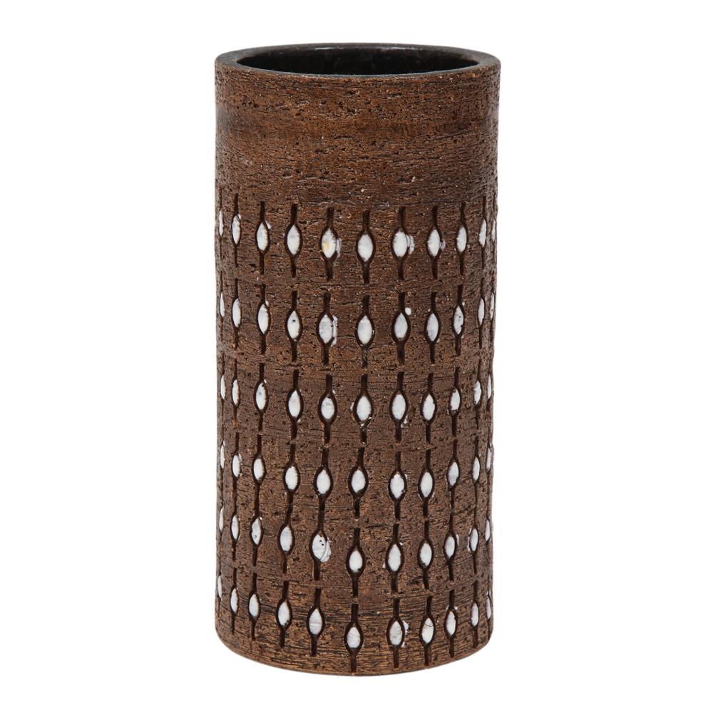 Bitossi vase, ceramic, incised, brown and white, beaded signed. Small scale cylinder vase in raw chocolate brown clay, decorated with a pattern of incised white glazed ovals, giving a beaded appearance. Signed on the underside: 