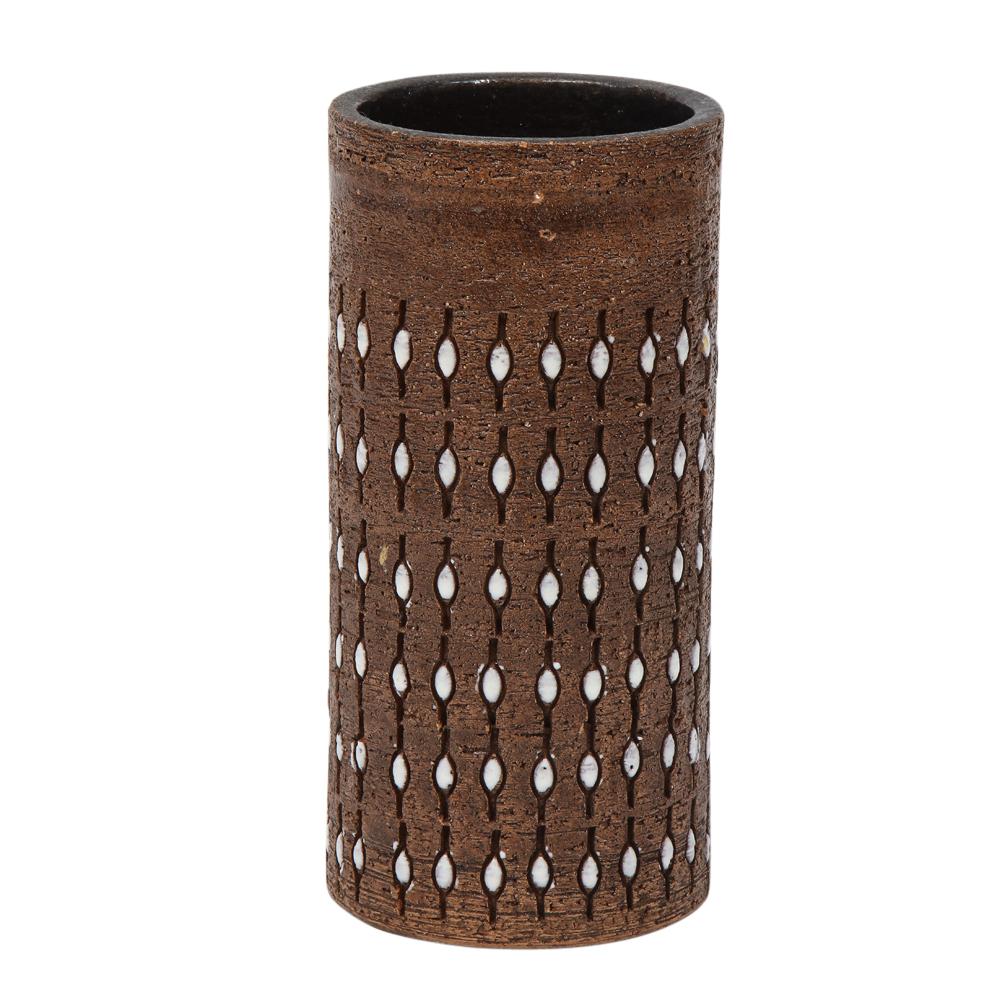 Mid-Century Modern Bitossi Vase, Ceramic, Incised, Brown, White, Beaded, Signed For Sale