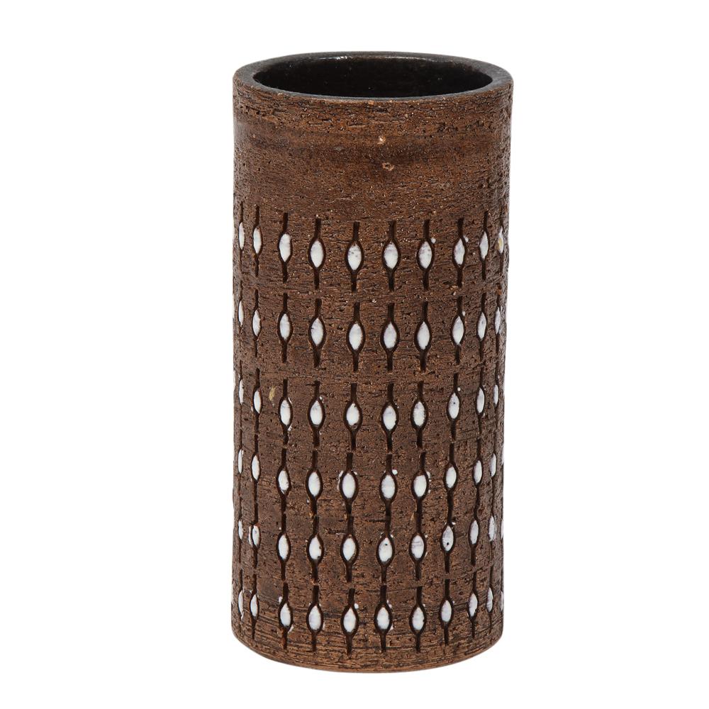 Bitossi-Vase, Keramik, eingeschnitten, braun, weiß, perlenbesetzt, signiert (Moderne der Mitte des Jahrhunderts) im Angebot