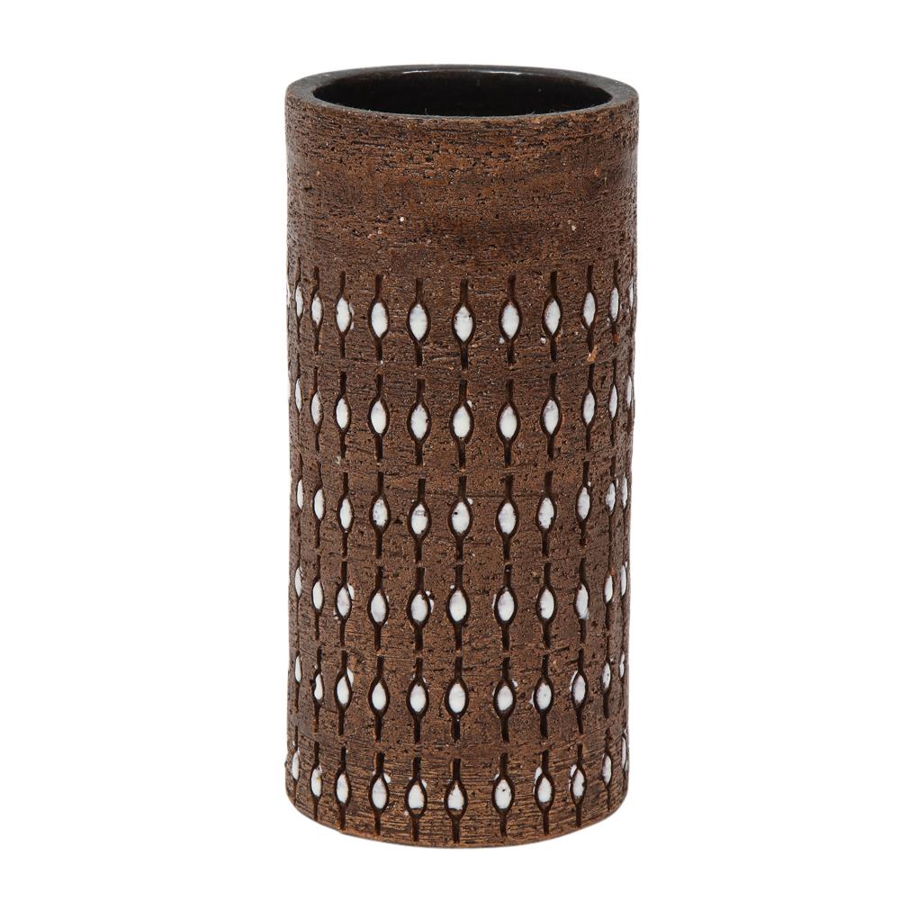 Italian Bitossi Vase, Ceramic, Incised, Brown, White, Beaded, Signed For Sale