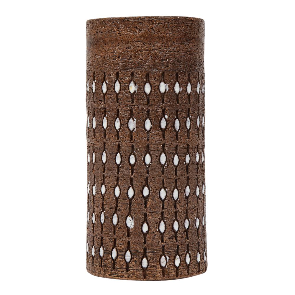 Milieu du XXe siècle Vase Bitossi en céramique, incisé, marron, blanc, perlé, signé en vente