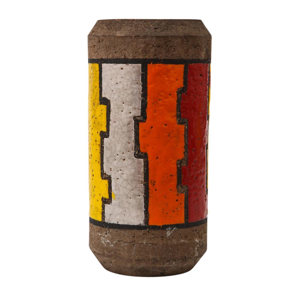 Mid-Century Modern Bitossi Vase, Ceramic, Orange, Red, White, Yellow, Lineas Rotas, Signed