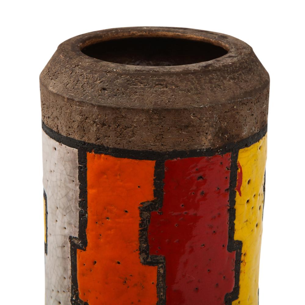 Bitossi Vase, Ceramic, Orange, Red, White, Yellow, Lineas Rotas, Signed 1