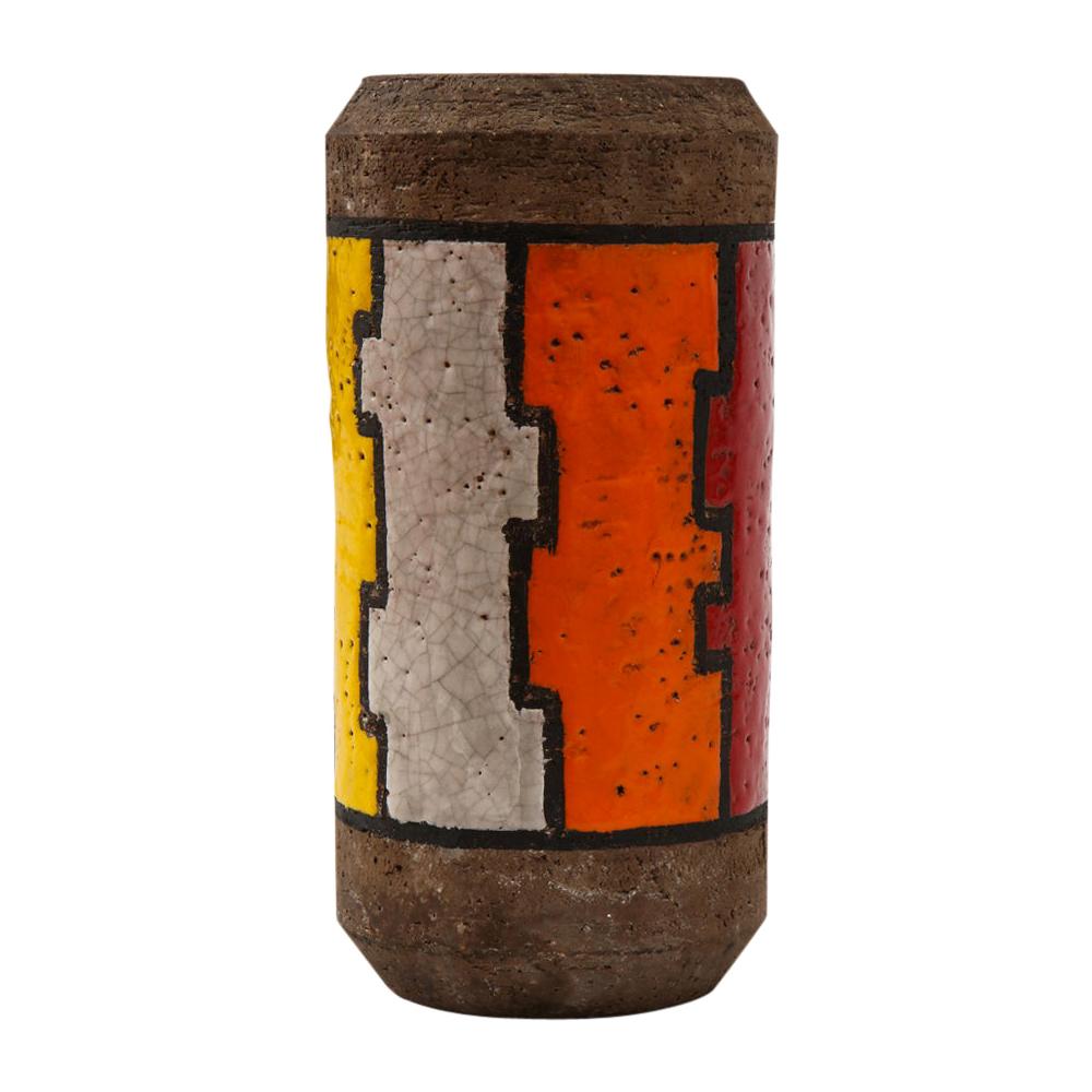 Bitossi vase, ceramic, orange, red, white, yellow, Lineas Rotas, signed. Medium scale chunky vase with glazed puzzle pattern in yellow, white, orange, and red, over a coarse matte brown clay body, from Londi's Líneas Rotas (Broken lines) series.