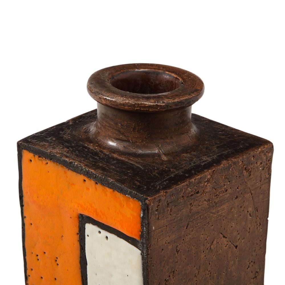 Mid-Century Modern Bitossi Vase, Ceramic, Orange, White and Brown, Mondrian Geometric, Signed