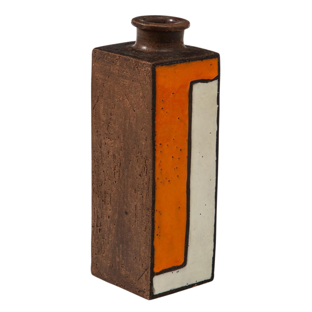 Glazed Bitossi Vase, Ceramic, Orange, White and Brown, Mondrian Geometric, Signed