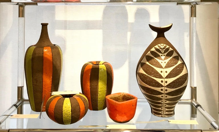 Bitossi Vase, Ceramic, Moorish Stripes, Brown, Chartreuse, Orange, Signed For Sale 4
