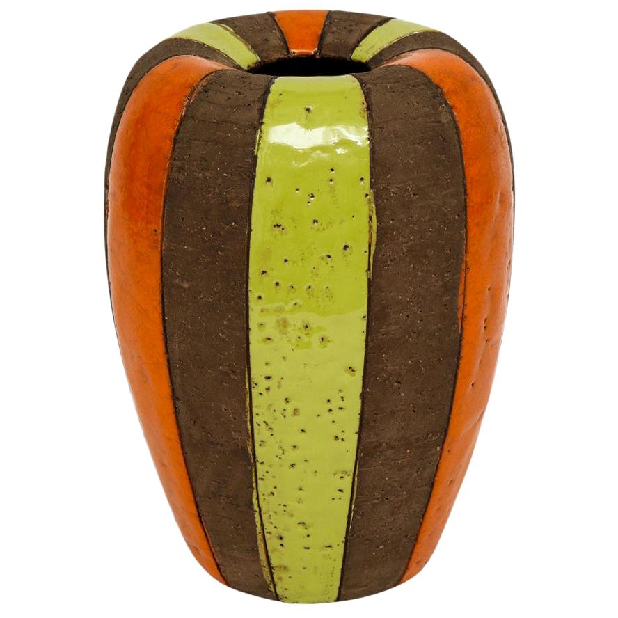 Vaso Bitossi, ceramica a righe moresche, chartreuse, arancio, marrone Firmato