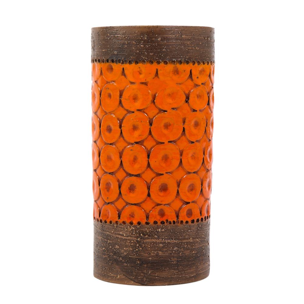 Bitossi vase, ceramic orange brown signed. Small cylinder vase with coarse brown clay neck and base and an orange glazed body decorated with rows of Aldo Londi's circular 