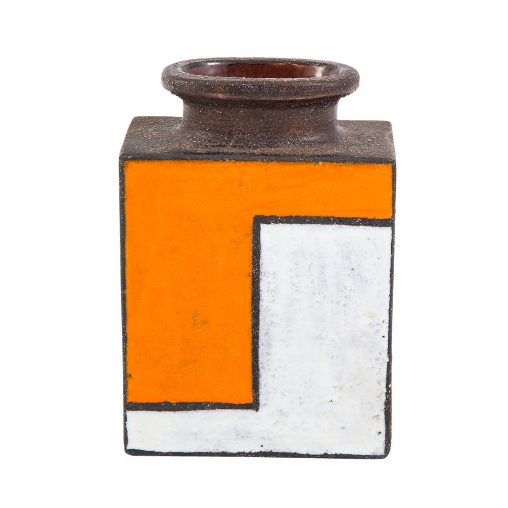 Bitossi vase, ceramic, orange and white Mondrian. Small scale chunky vase with geometric pattern, glazed in orange and white over coarse brown clay. Made by Bitossi and imported from Italy by Rosenthal Netter.