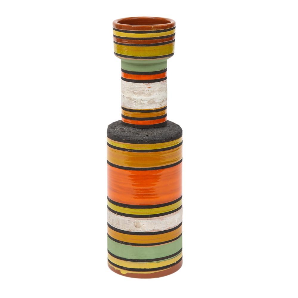 Glazed Bitossi Vase, Ceramic, Stripes, Orange, Yellow, White, Signed
