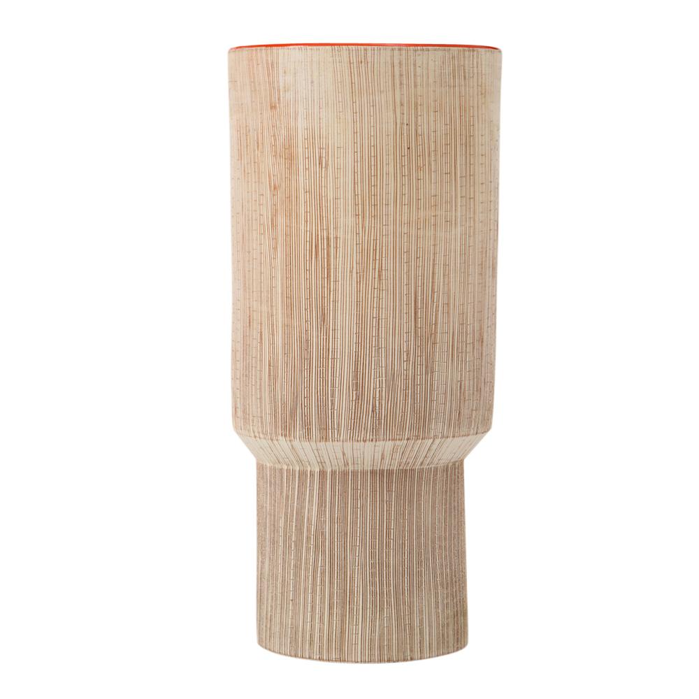 Bitossi vase, ceramic Sgraffito orange, signed. Large chalice form vase with orange glazed interior and off white exterior having sgraffito decoration. Signed Italy 27 on underside.