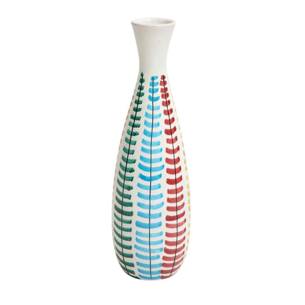 Bitossi vase, ceramic, red, green, blue and yellow, signed. Medium scale tapered ceramic vase decorated with horizontal and vertical hash marks in red, green, blue and yellow over a white glaze. Signed V 339/3c Italy.