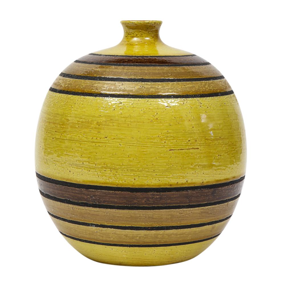 Mid-Century Modern Vase Bitossi en céramique, vert chartreuse, tons terreux, rayures, Signé en vente