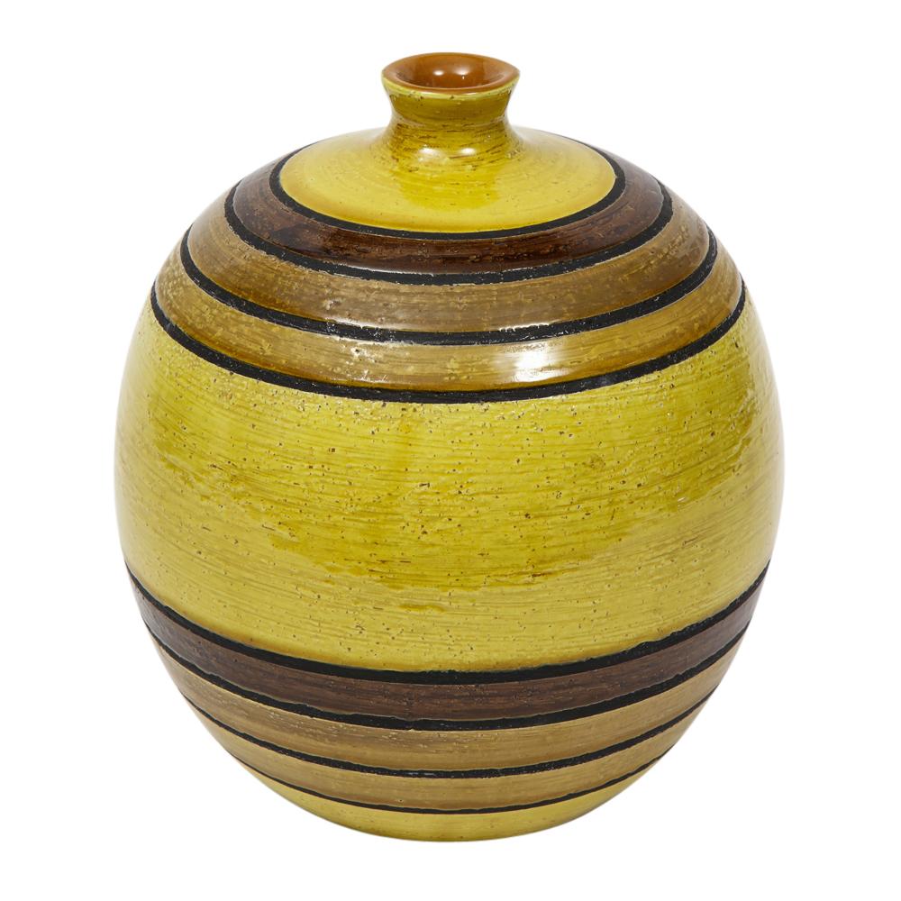 Italian Bitossi Vase, Ceramic, Chartreuse, Green, Earth Tones, Stripes, Signed For Sale