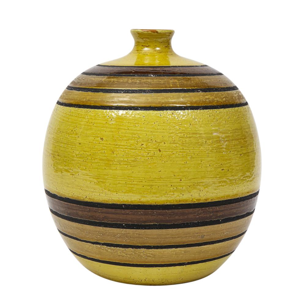 Vernissé Vase Bitossi en céramique, vert chartreuse, tons terreux, rayures, Signé en vente