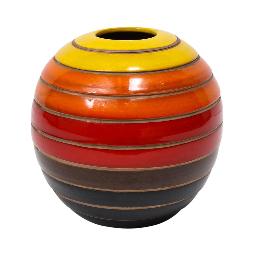 Bitossi vase, ceramic, stripes, yellow, orange, red and black, signed. Chunky medium scale ball form vase with glazed bands of colors: yellow, orange, red, brown and black. Signed on underside: 8511 Italy.