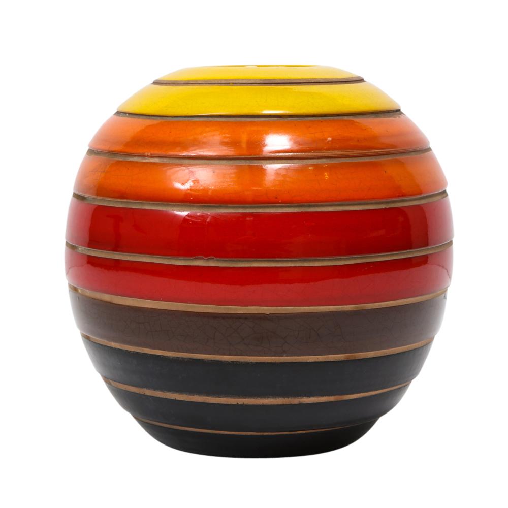 Mid-Century Modern Bitossi Vase, Ceramic, Stripes, Yellow, Orange and Red, Signed